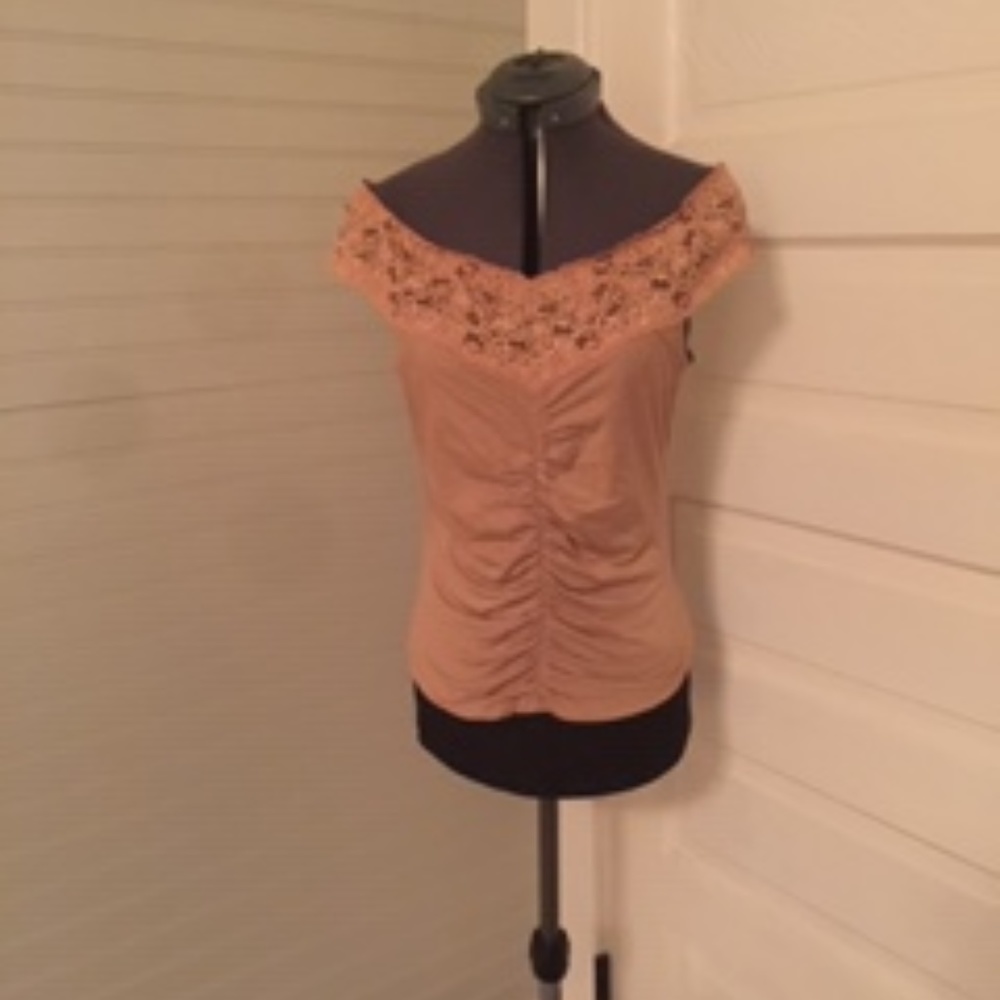 Finesse Tan/Gold Lace Trim Off The Shoulder Tank
